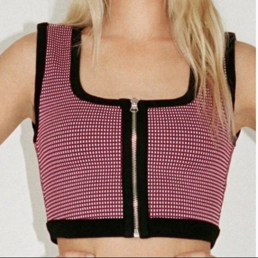 ZARA Red Black White Cropped Zippered Front Sleeveless Top Size Women's Small